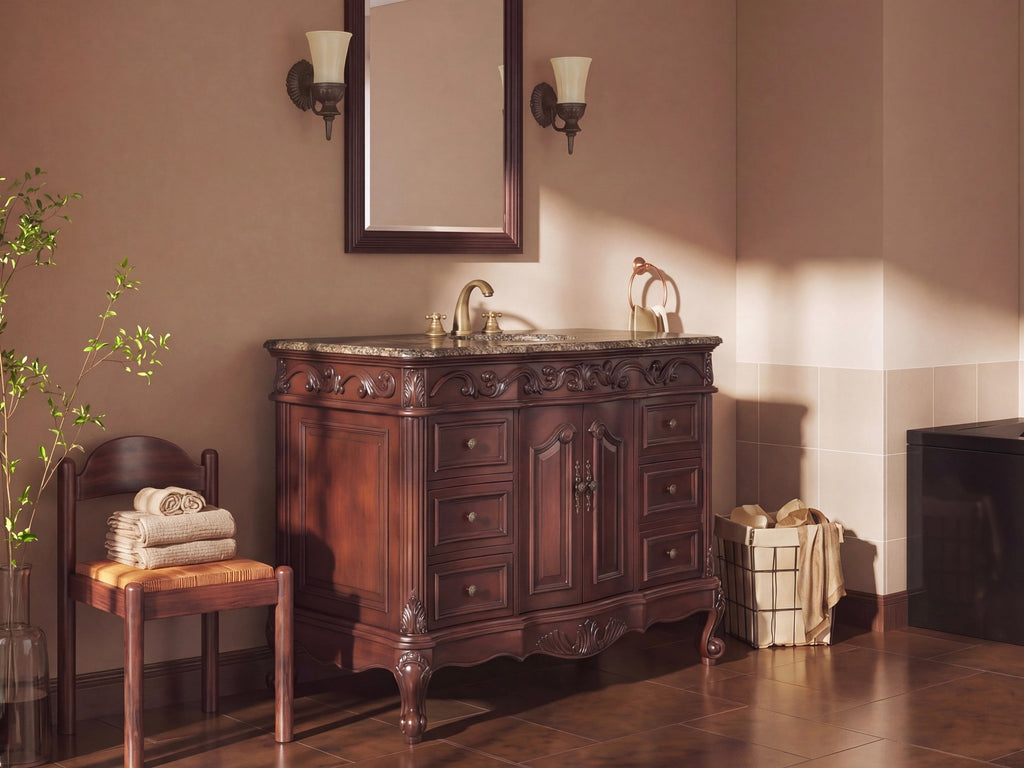 42 Inch Traditional Freestanding Cherry Brown Beckham Bathroom Vanity, Single Sink, Baltic Brown Top, Fully Assembled