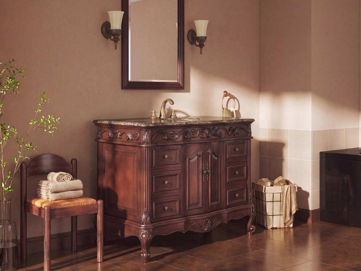 48 Inch Traditional Freestanding Cherry Brown Beckham Bathroom Vanity, Single Sink, Baltic Brown Top, Fully Assembled