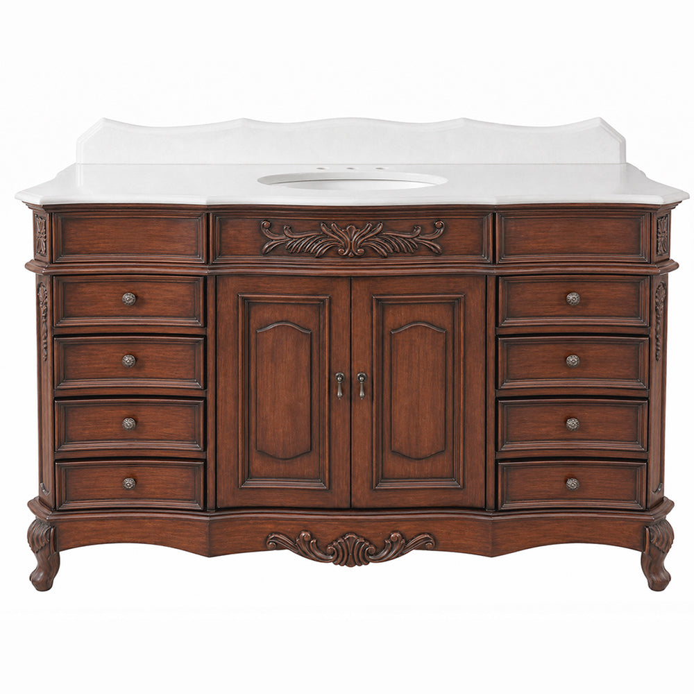 60 Inch Traditional Freestanding Antique Brown Morton Bathroom Vanity, Single Sink, White Quartz Top, Fully Assembled