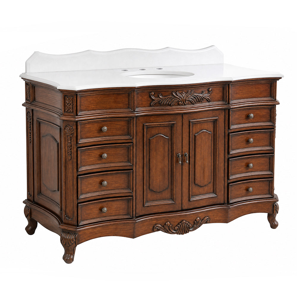 60 Inch Traditional Freestanding Antique Brown Morton Bathroom Vanity, Single Sink, White Quartz Top, Fully Assembled