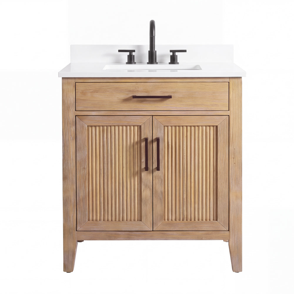 30 Inch Mid-Century Modern Weathered Natural Carvel Bathroom Vanity, Single Sink, White Quartz Top, Fully Assembled