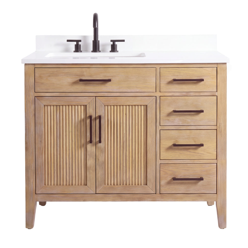 36 Inch Mid-Century Modern Weathered Natural Carvel Bathroom Vanity, Single Sink, White Quartz Top, Fully Assembled