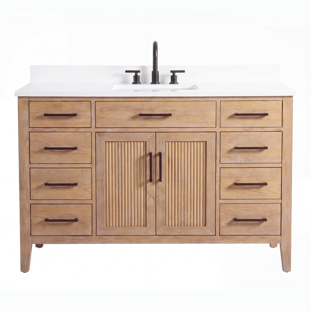 48 Inch Mid-Century Modern Weathered Natural Carvel Bathroom Vanity, Single Sink, White Quartz Top, Fully Assembled