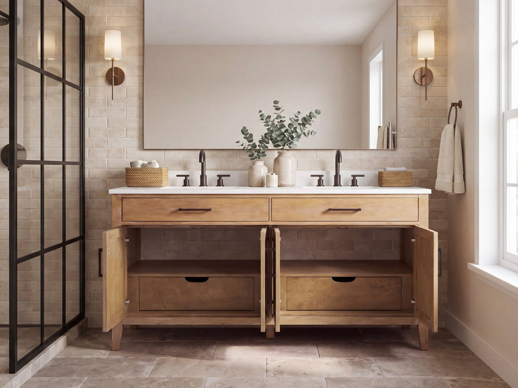 72 Inch Mid-Century Modern Weathered Natural Carvel Bathroom Vanity, Double Sink, White Quartz Top, Fully Assembled
