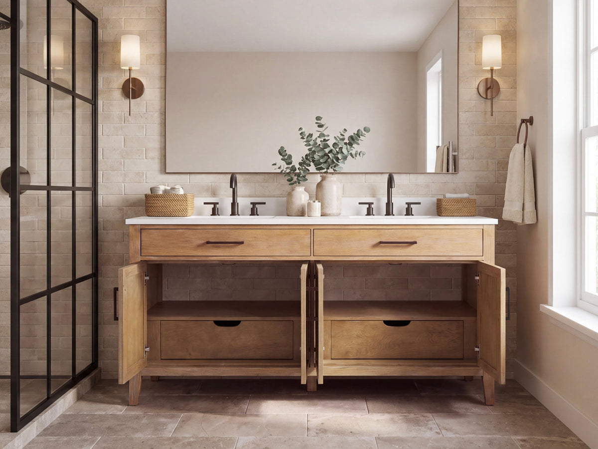 72 Inch Mid-Century Modern Weathered Natural Carvel Bathroom Vanity, Double Sink, White Quartz Top, Fully Assembled