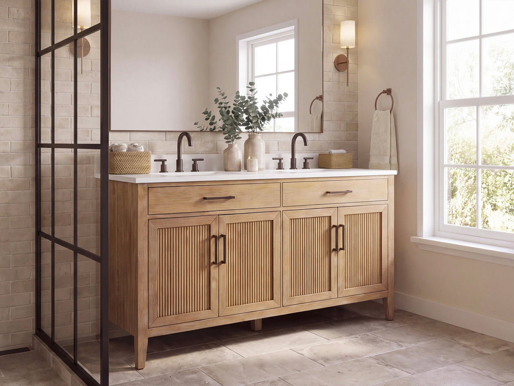 60 Inch Mid-Century Modern Weathered Natural Carvel Bathroom Vanity, Double Sink, White Quartz Top, Fully Assembled