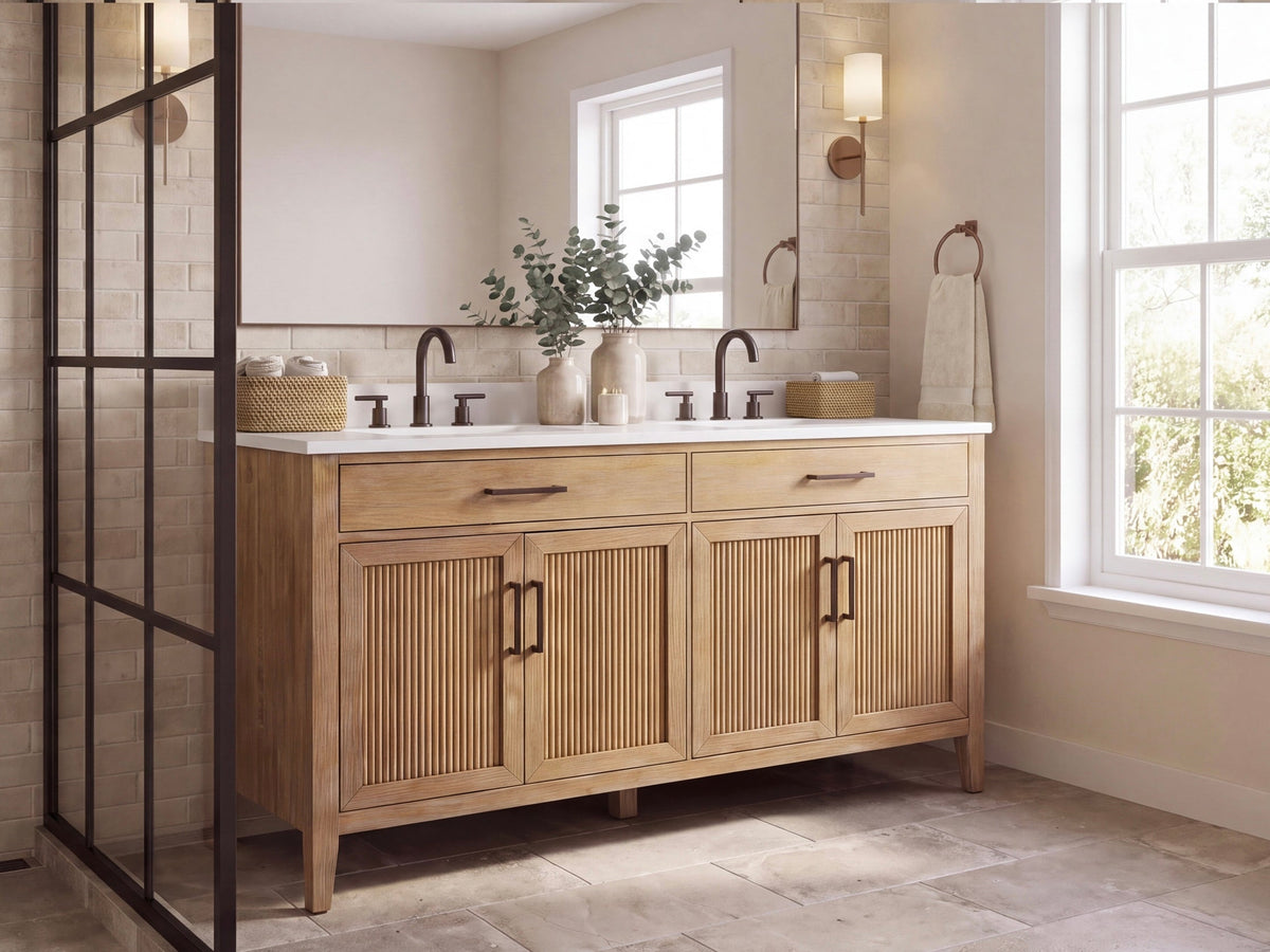 72 Inch Mid-Century Modern Weathered Natural Carvel Bathroom Vanity, Double Sink, White Quartz Top, Fully Assembled