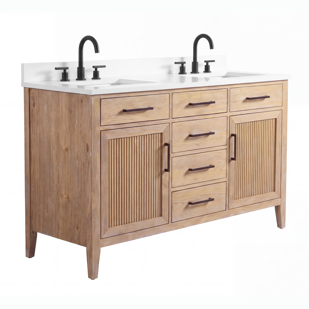 54 Inch Mid-Century Modern Weathered Natural Carvel Bathroom Vanity, Double Sink, White Quartz Top, Fully Assembled