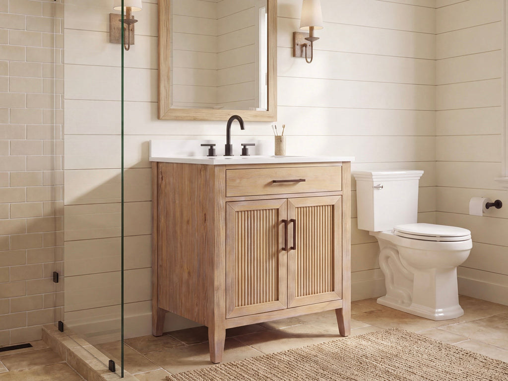 30 Inch Mid-Century Modern Weathered Natural Carvel Bathroom Vanity, Single Sink, White Quartz Top, Fully Assembled