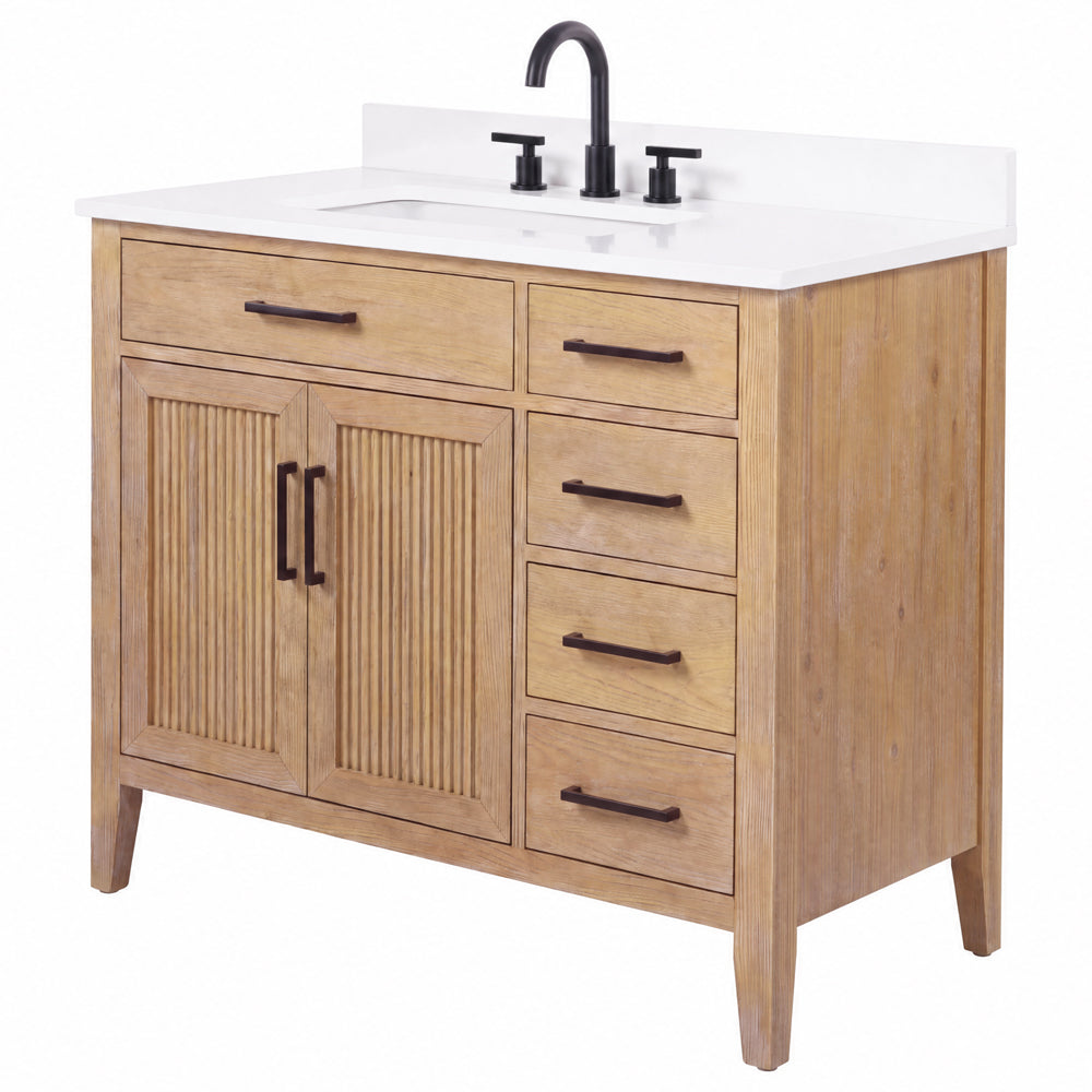 36 Inch Mid-Century Modern Weathered Natural Carvel Bathroom Vanity, Single Sink, White Quartz Top, Fully Assembled