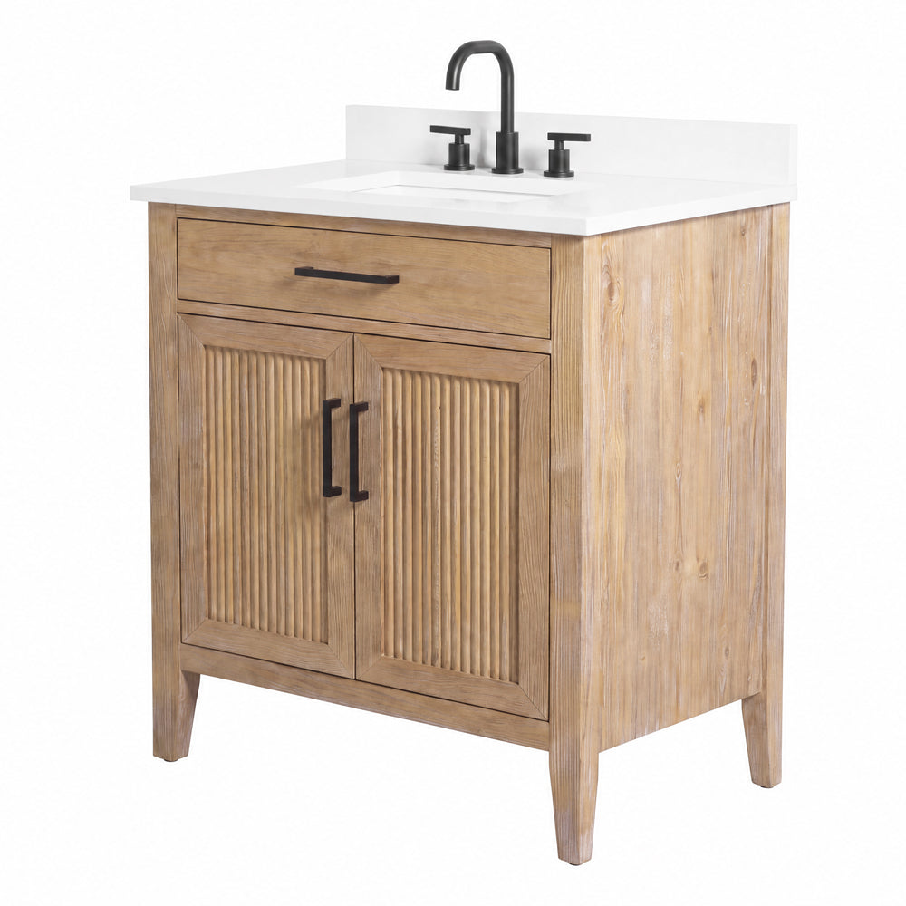 30 Inch Mid-Century Modern Weathered Natural Carvel Bathroom Vanity, Single Sink, White Quartz Top, Fully Assembled