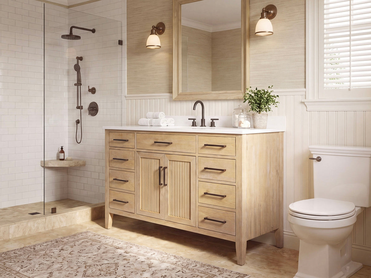 48 Inch Mid-Century Modern Weathered Natural Carvel Bathroom Vanity, Single Sink, White Quartz Top, Fully Assembled