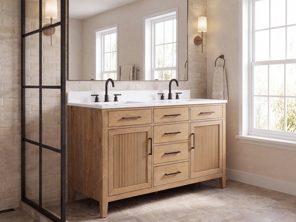 54 Inch Mid-Century Modern Weathered Natural Carvel Bathroom Vanity, Double Sink, White Quartz Top, Fully Assembled